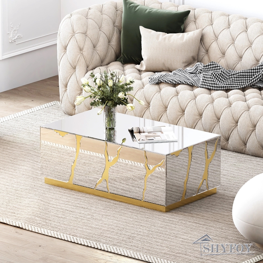 Coffee Table Gold Crackle Design and Mirrored Block Table