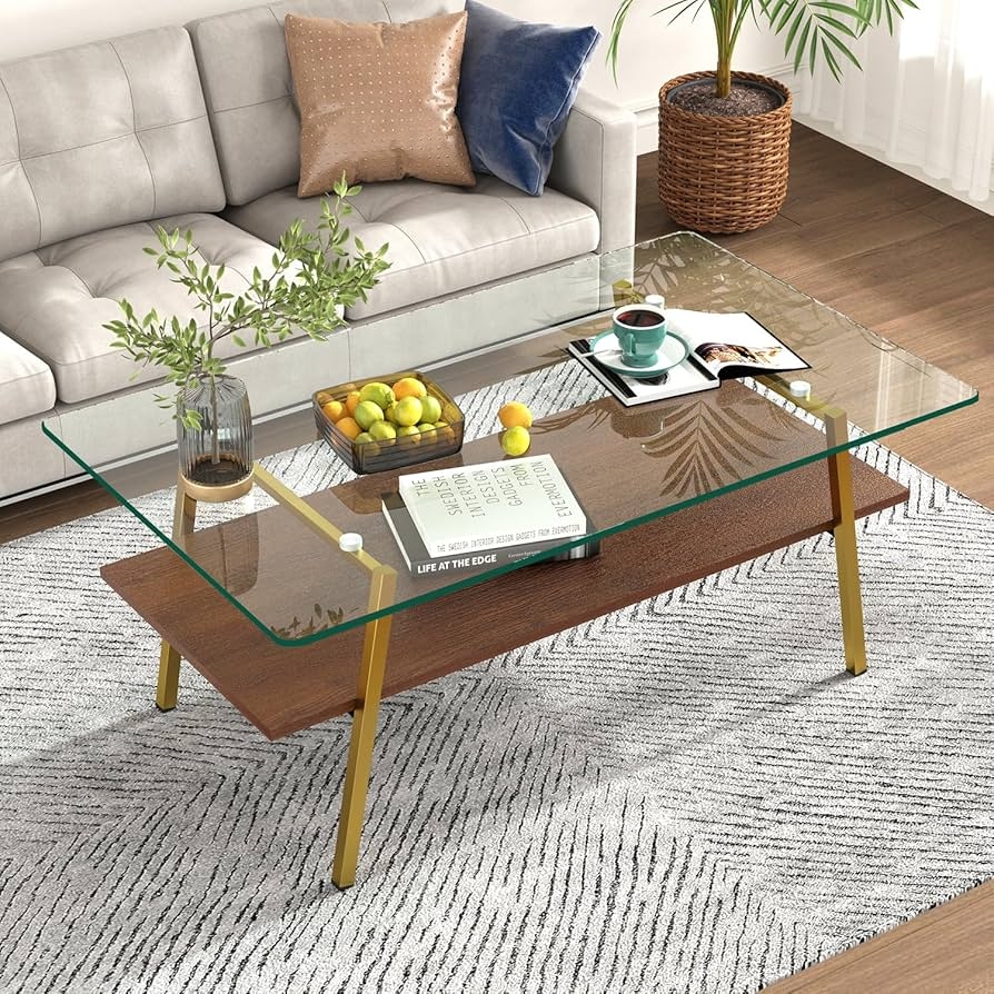 Coffee Table Gold Tapered Legs Two Tier Storage Cocktail Piece