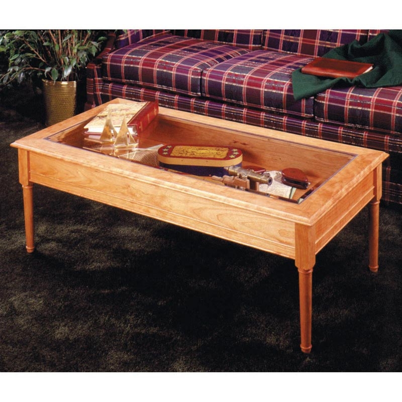 Coffee Table Honey Brown Inset Glass Top Display Compartment
