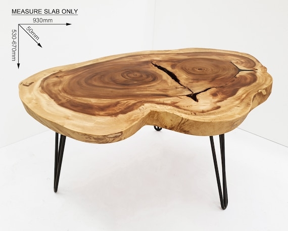 Coffee Table: Honey Brown Live Edge Wood Slab with Hairpin Legs
