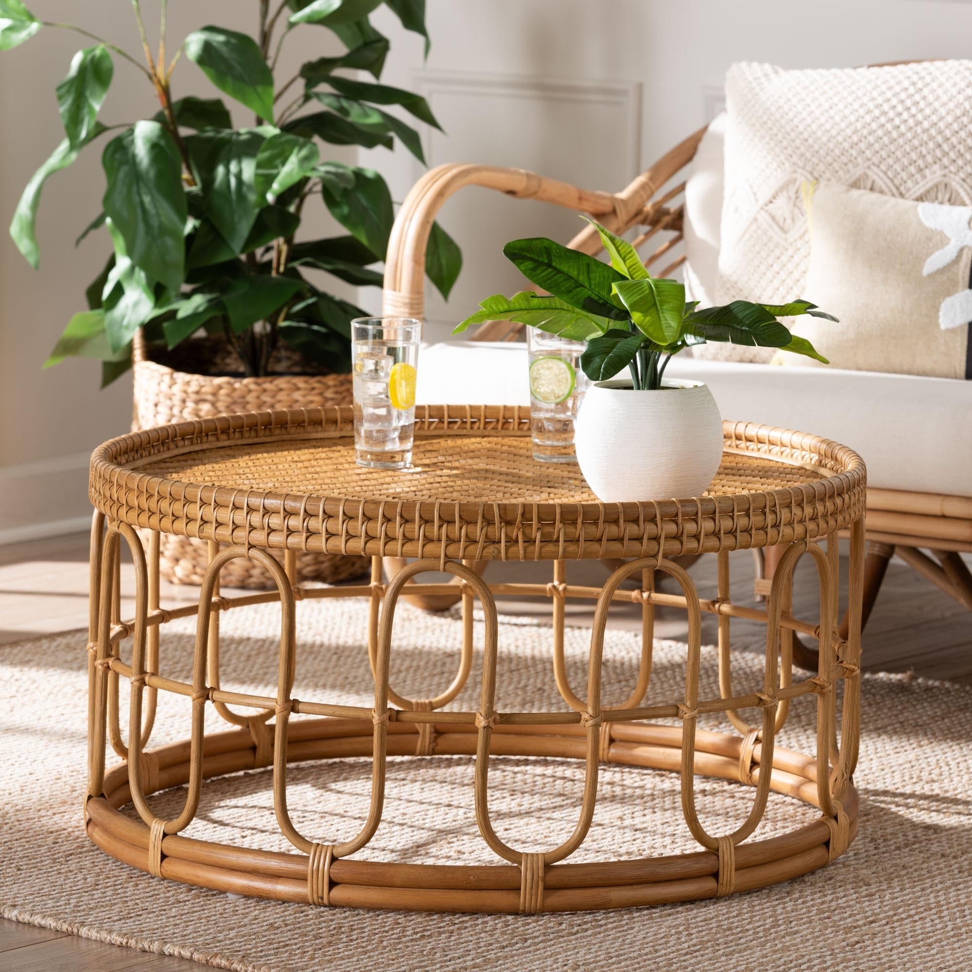 Coffee Table Honey Rattan Looped Base Tray Table