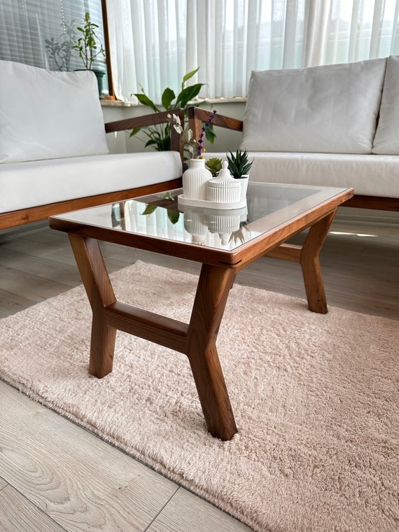 Coffee Table Inset Glass Top with Mid Century Walnut Wood Base