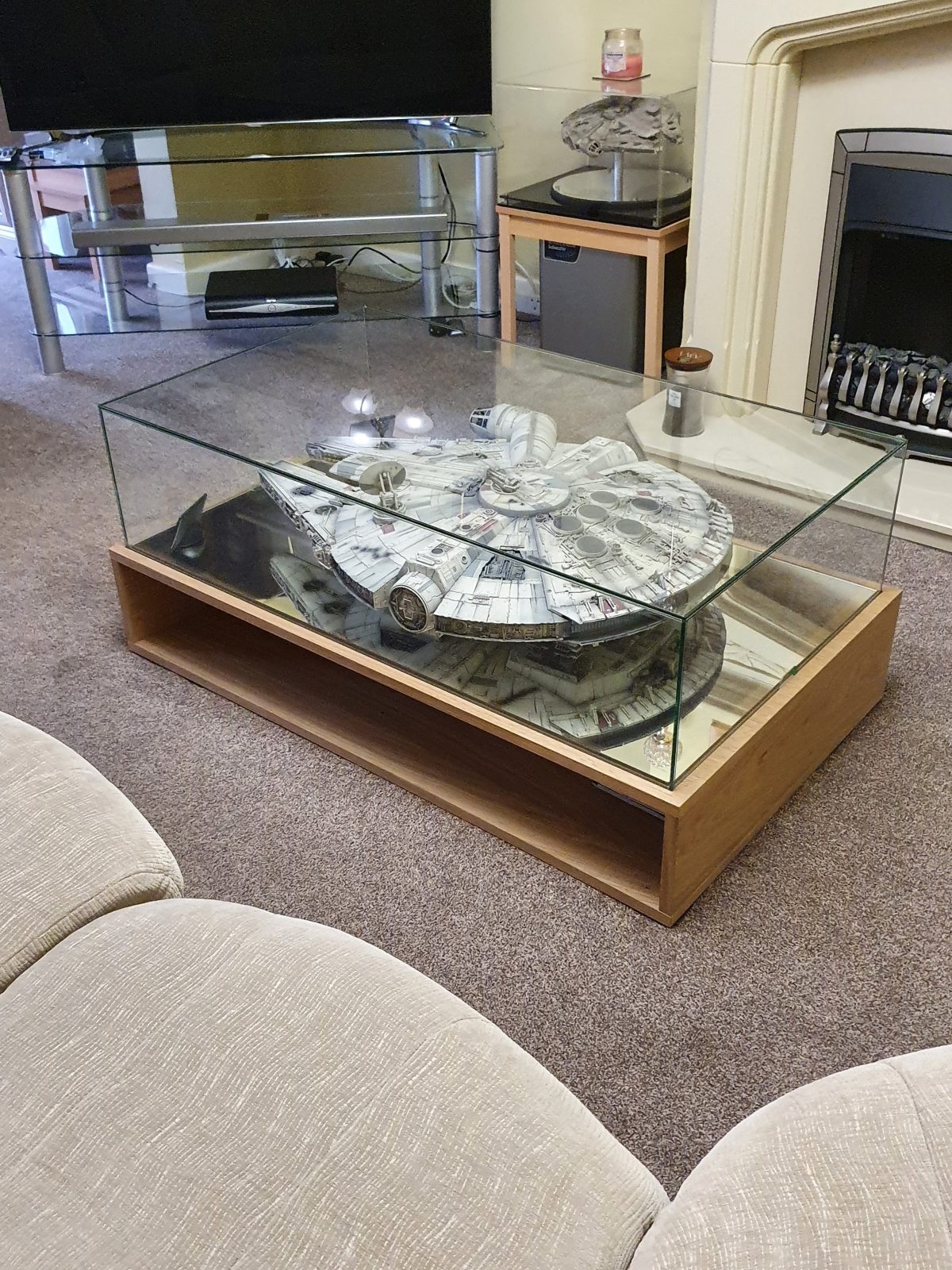 Coffee Table Light Oak Base Mirrored Model Showcase Vitrine