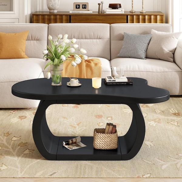 Coffee Table: Matte Black Cloud Design with Open Storage Shelf