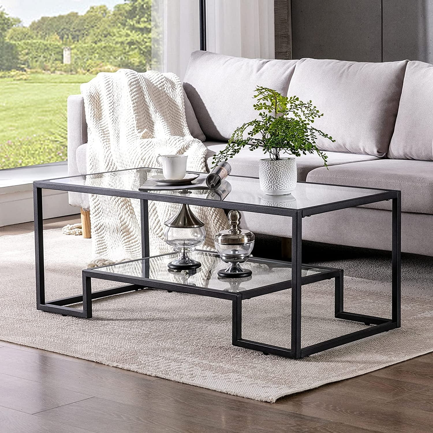 Coffee Table Matte Black Geometric Frame with Tiered Glass Shelf