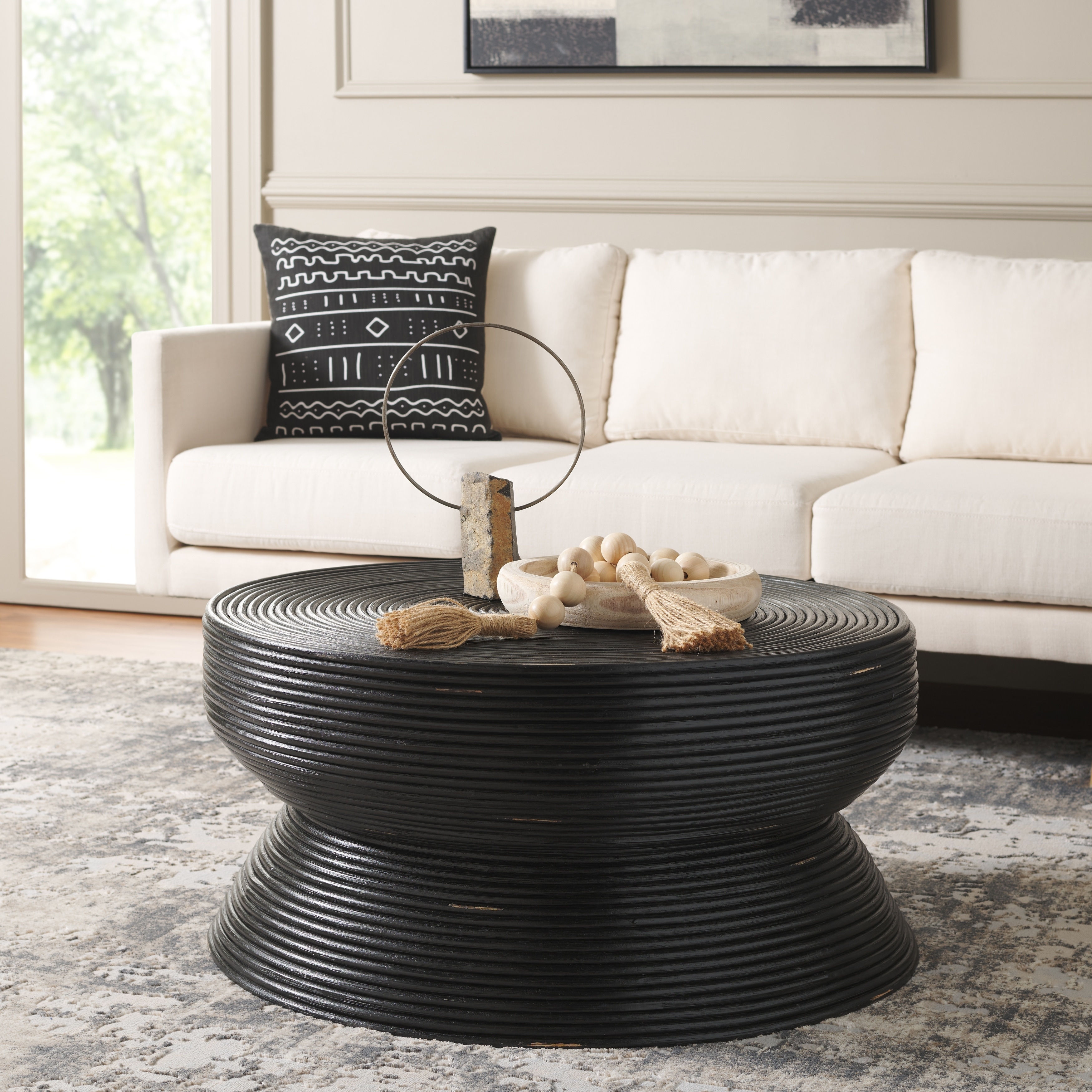 Coffee Table Matte Black Ribbed Hourglass Table