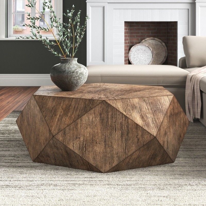 Coffee Table: Medium Brown Faceted Design and Hexagonal Top