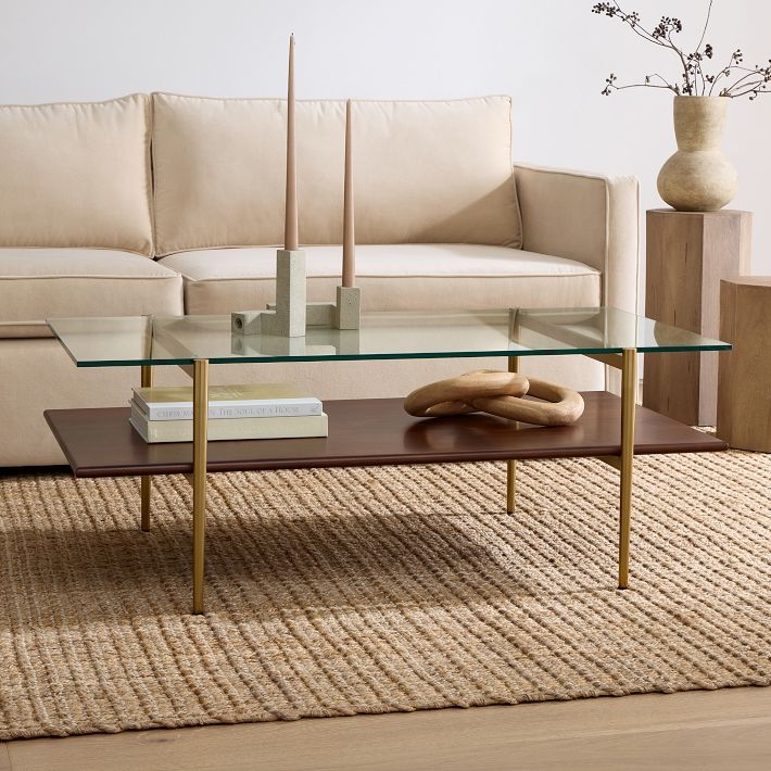 Coffee Table Mid Century Art Display Brass Legs Glass Top