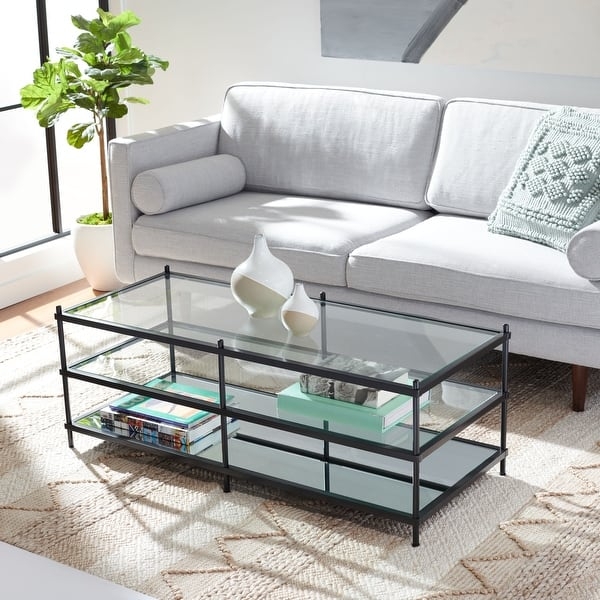 Coffee Table Mirrored Bottom Shelf Three Tier Storage Black