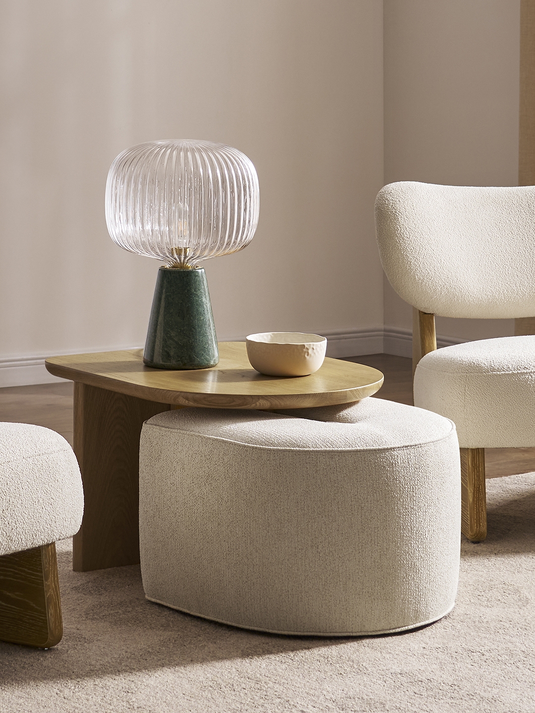 Coffee Table Nesting Ottoman and Ribbed Glass Lamp Set