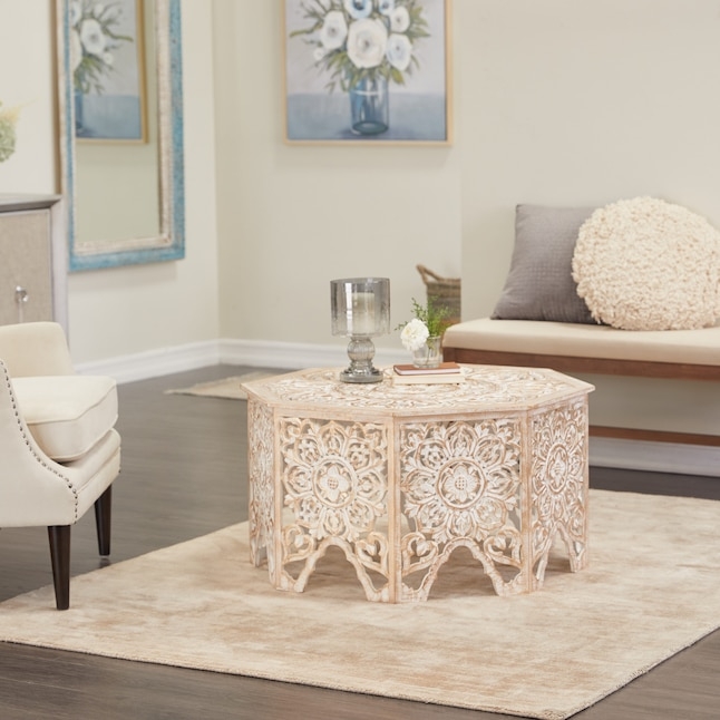 Coffee Table Octagonal Carved Wood Living Room Table