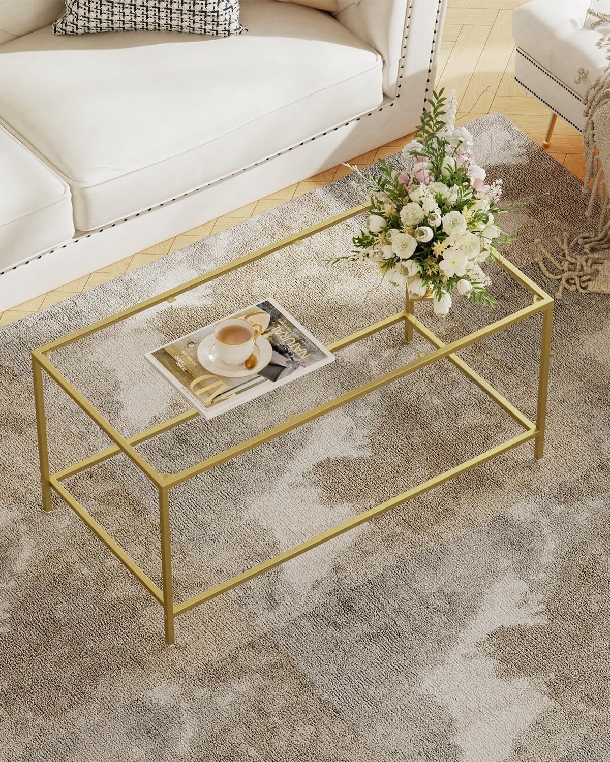 Coffee Table Open Structure and Gold Glass Coffee Table