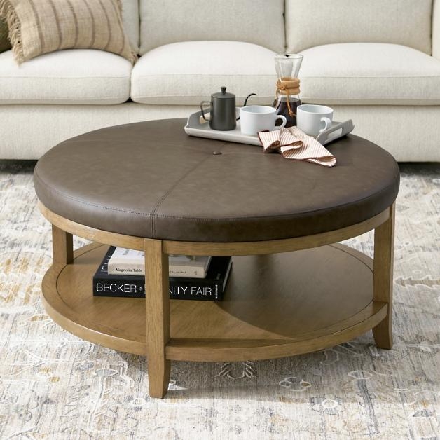 Coffee Table Ottoman Round: Round Leather Coffee Table with Shelf