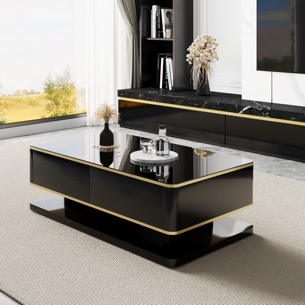 Coffee Table Pedestal Base and Black Glass with Gold Trim