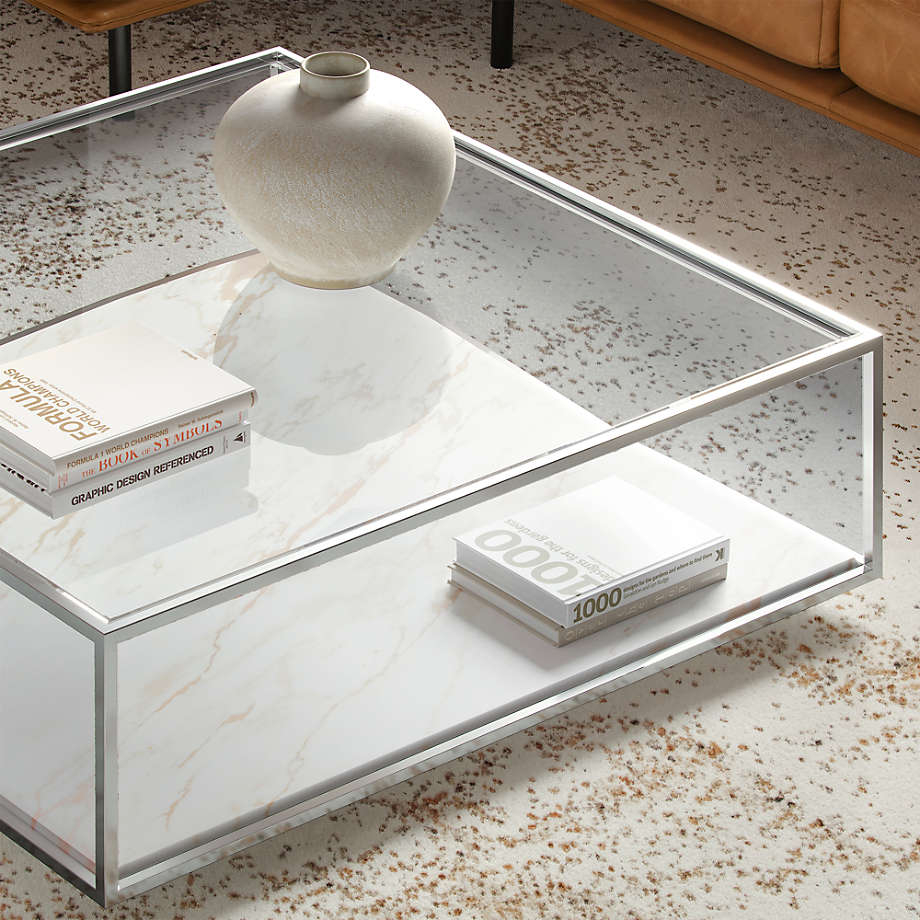Coffee Table Polished Silver Tiered Shelf Marble Pattern Top