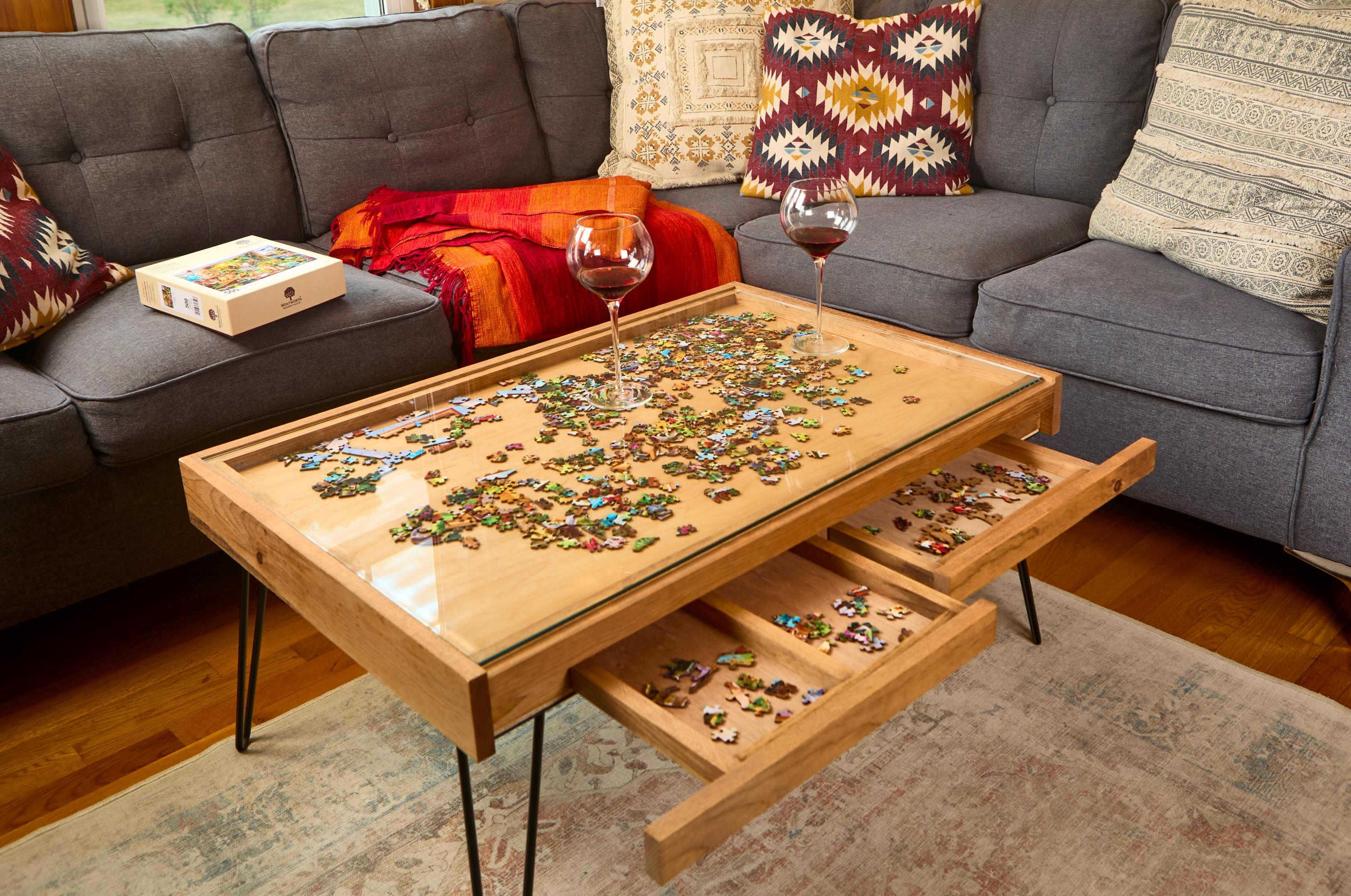 Coffee Table Puzzle Storage Glass Top Hairpin Leg Table