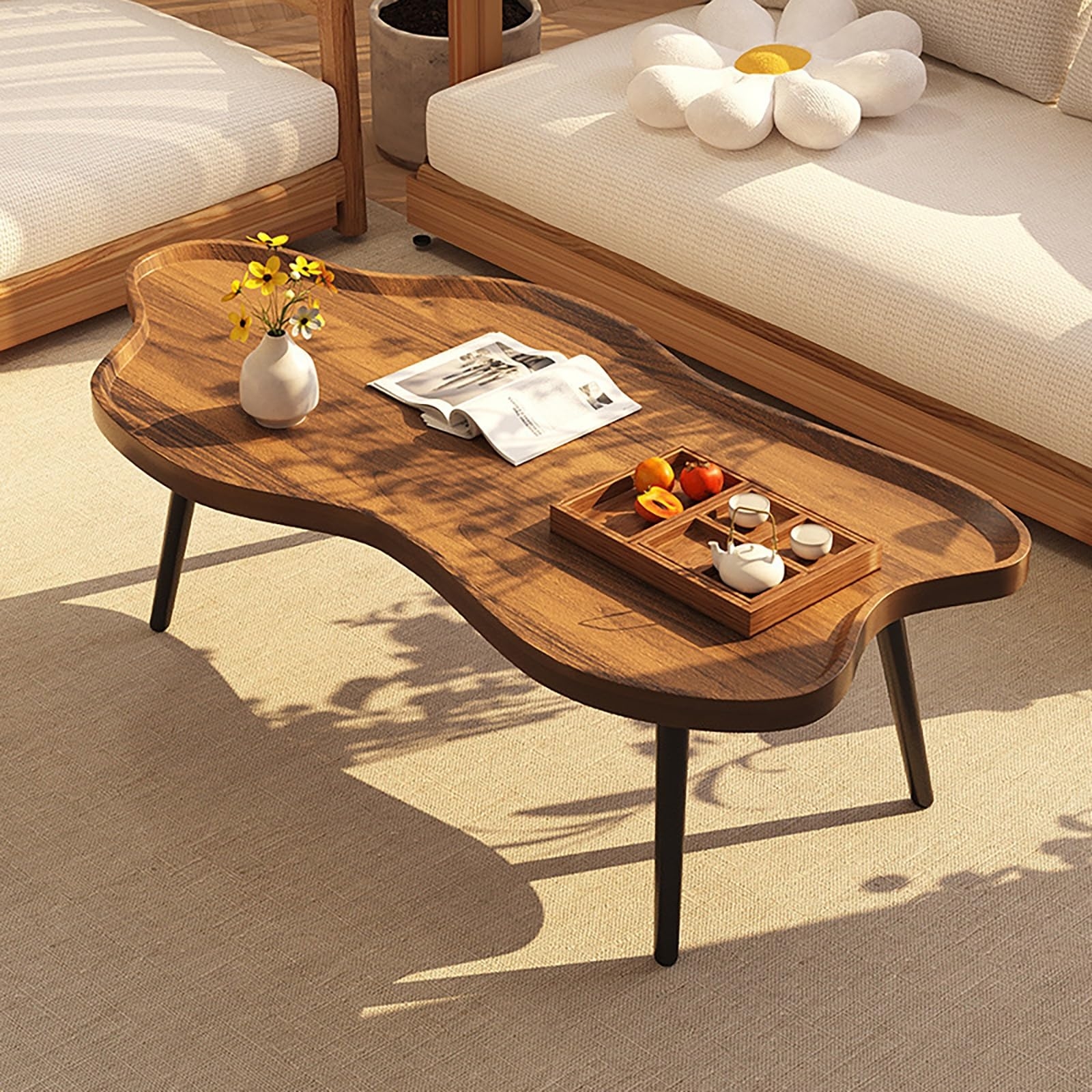 Coffee Table Raised Lip Design Japandi Living Room Furniture