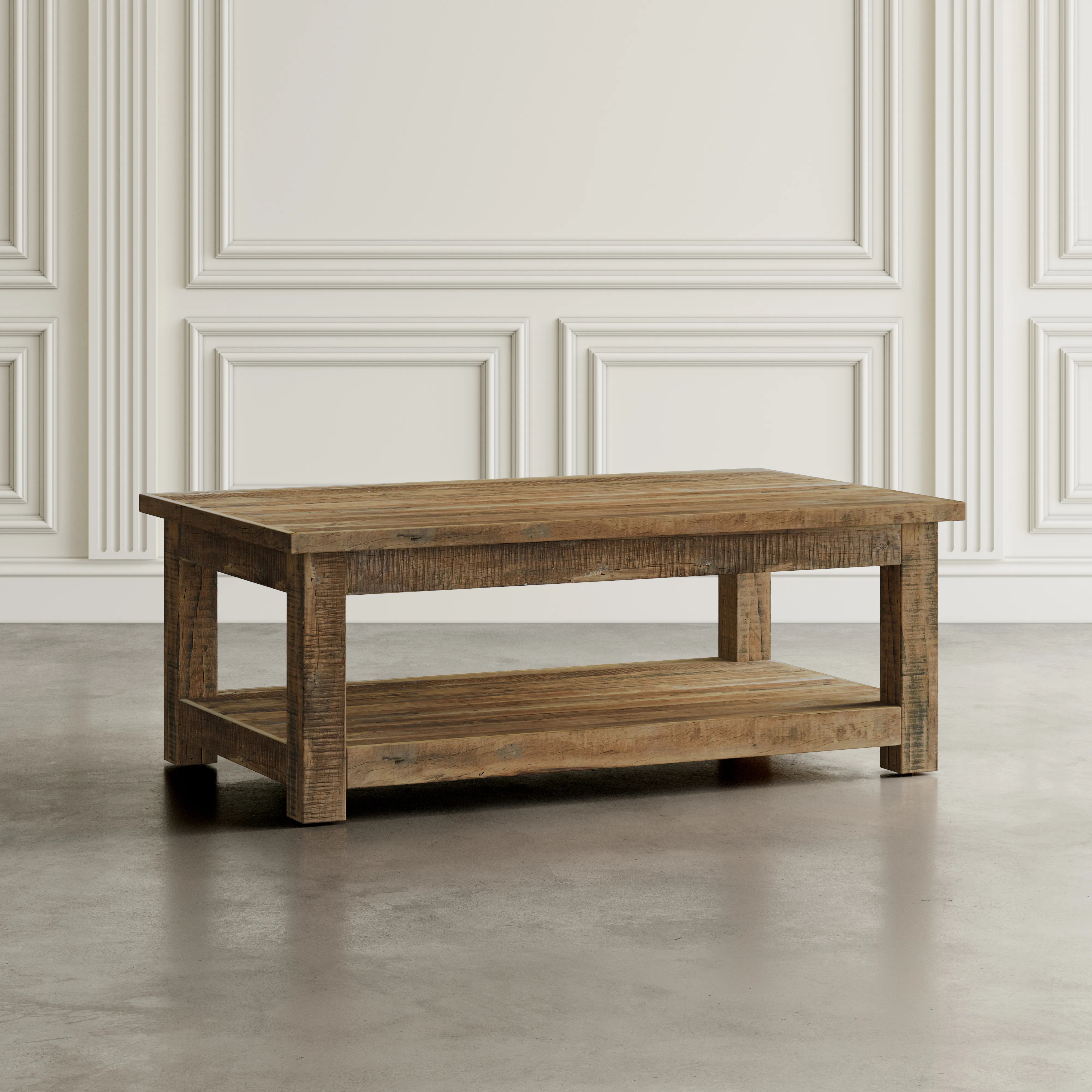 Coffee Table Reclaimed Wood Textured Center Lower Shelf