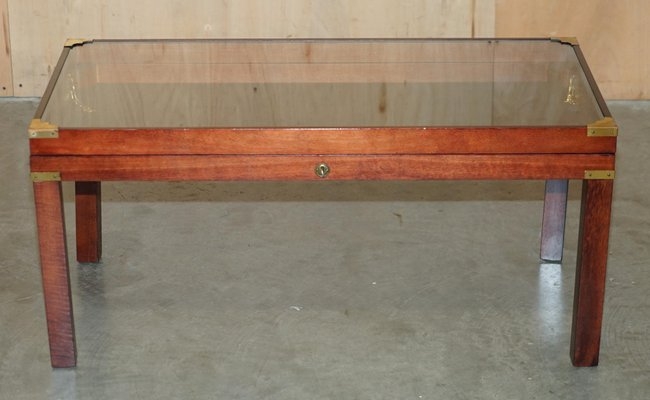 Coffee Table Reddish Brown Wood Brass Corner Case Lockable