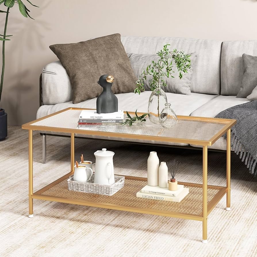 Coffee Table Ribbed Glass Top with Gold Metal Mesh Storage Shelf