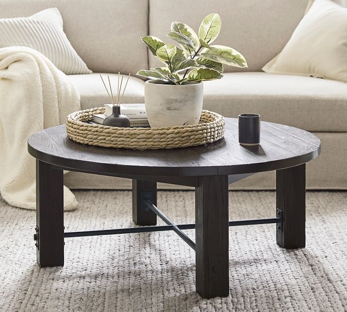 Coffee Table Round Rustic Blackened Oak X-Shaped Stretcher
