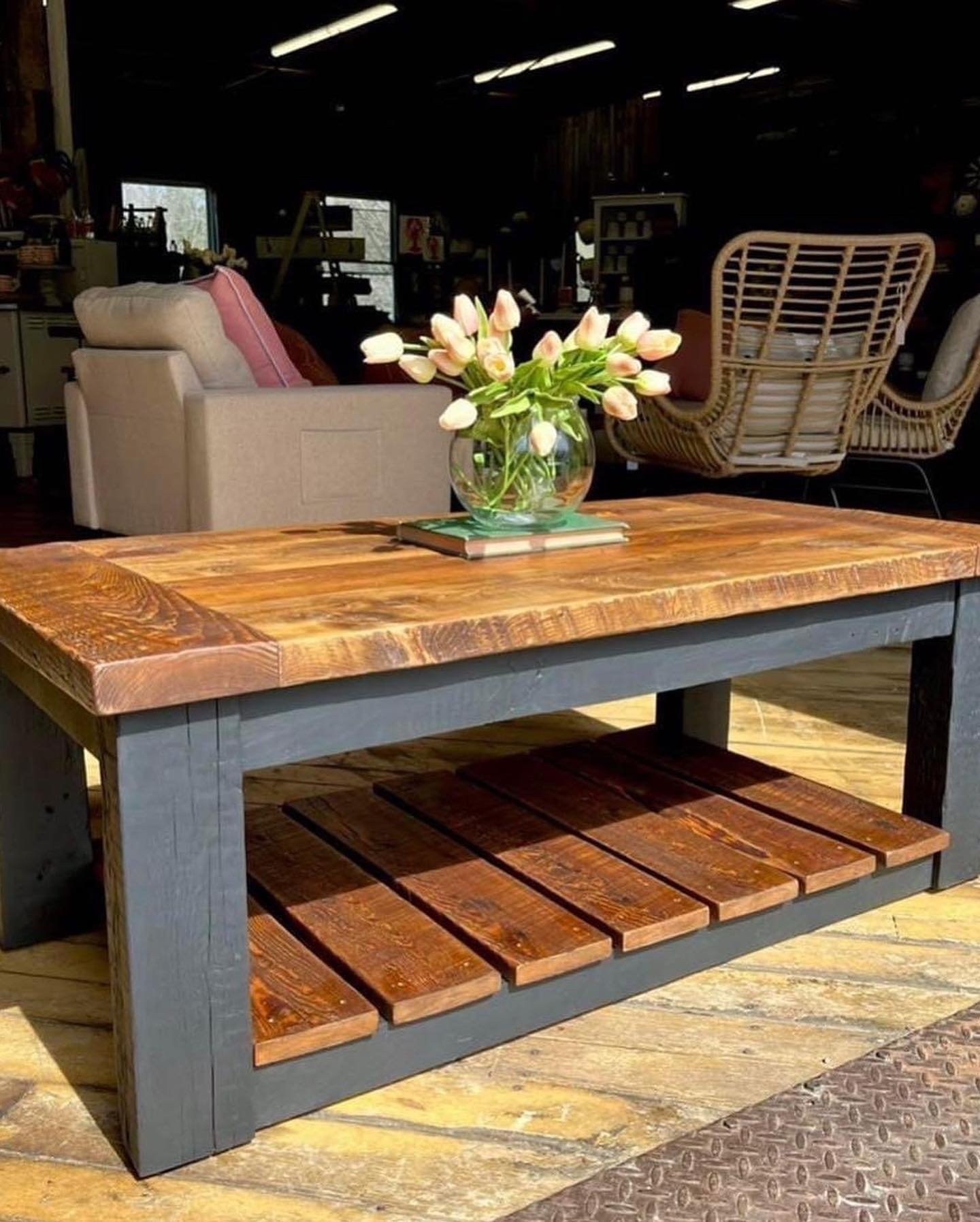 Coffee Table Rustic Wood Slatted Shelf Two Tone Farmhouse