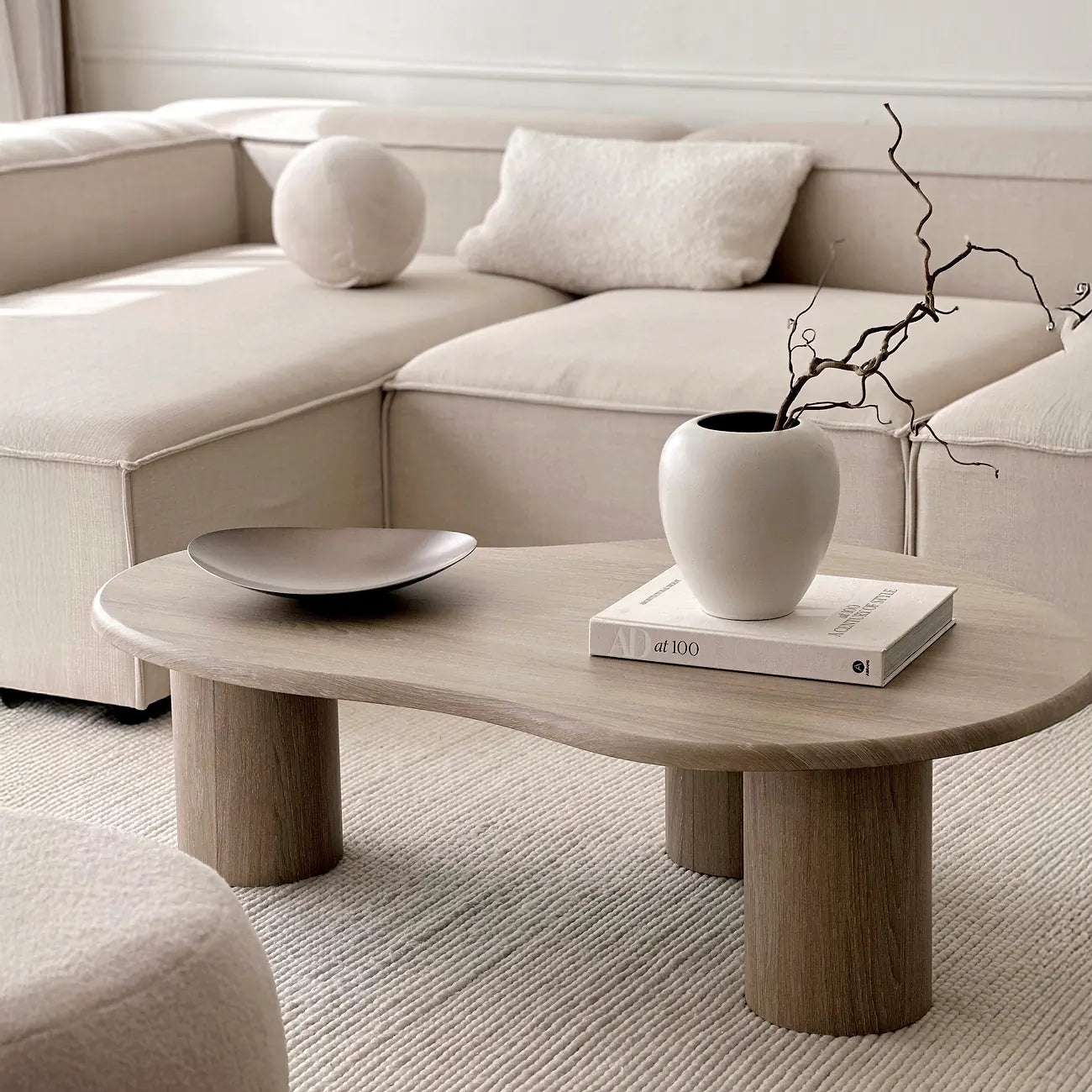 Coffee Table: Sand Oak Cylindrical Legs with Thick Asymmetrical Top