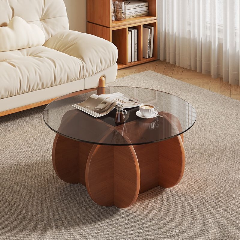 Coffee Table Sculptural Glass Top Wood Base Table