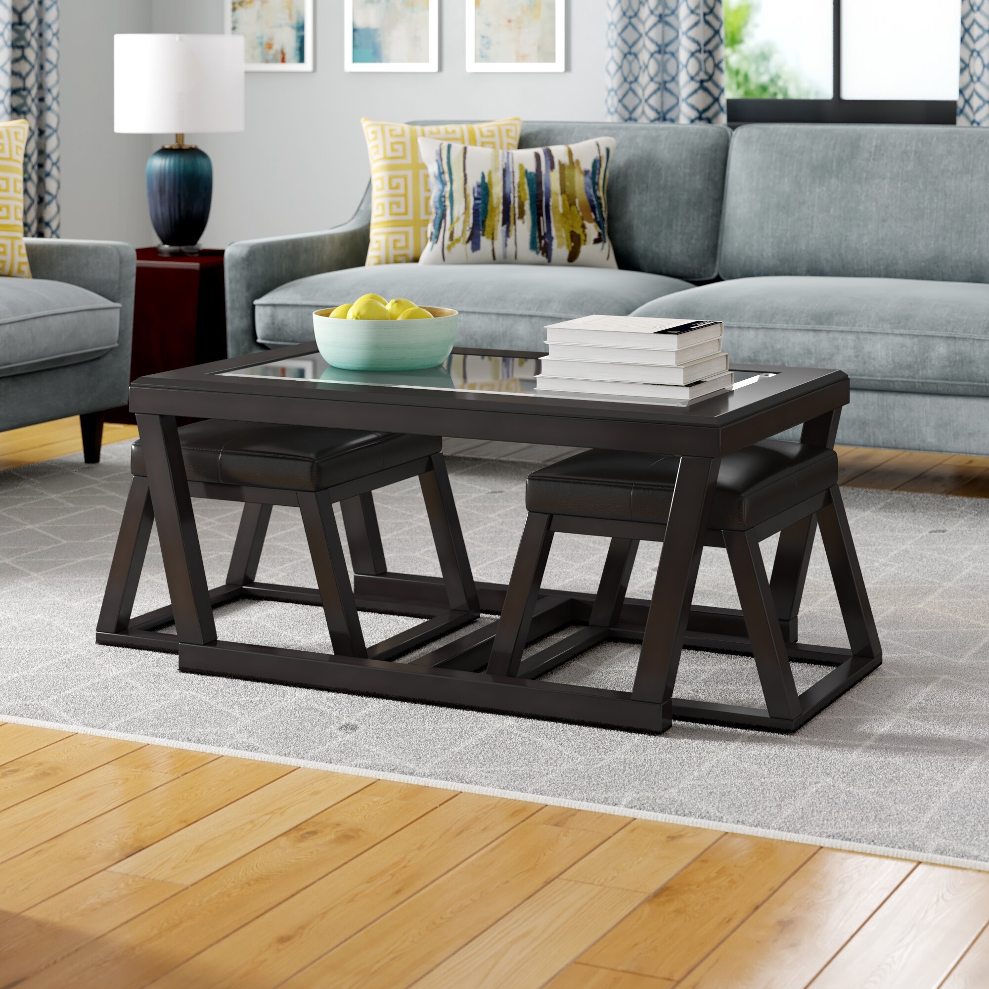 Coffee Table Set Angular Frame Espresso Glass Top Insert