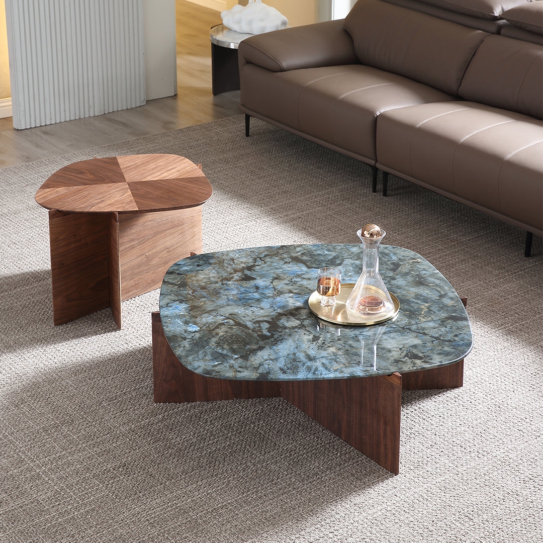 Coffee Table Set: Blue Jade Marble Nested Irregular Wood Base