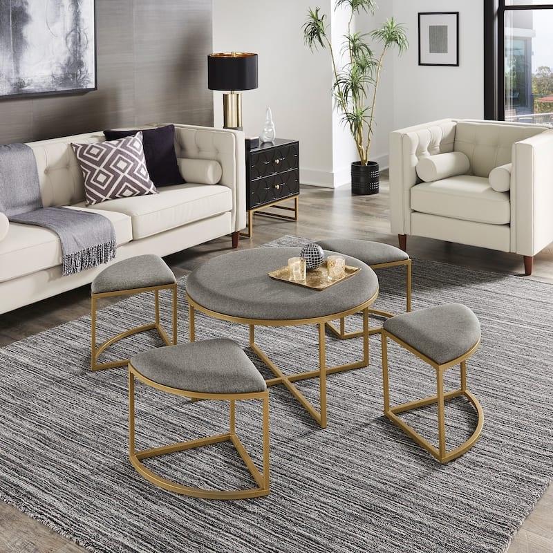 Coffee Table Set Champagne Gold Nesting Heather Grey Stools