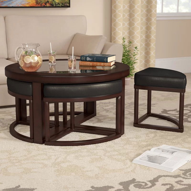 Coffee Table Set Espresso Wedge Shaped Stools Glass Top