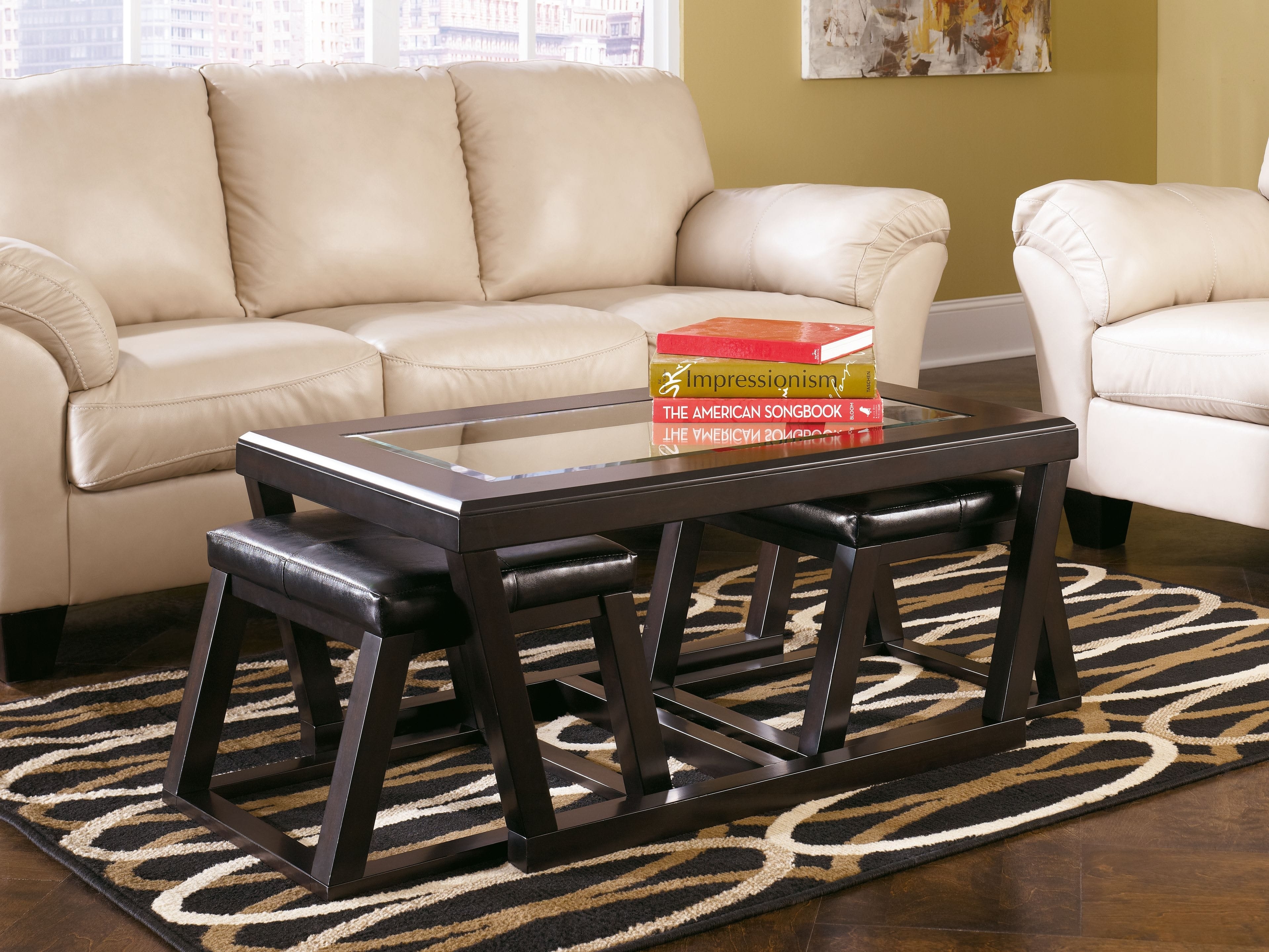 Coffee Table Set Geometric Legs Espresso Glass Insert