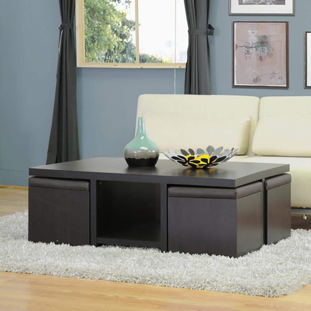 Coffee Table Set Hidden Storage Dark Brown Nestable Stools