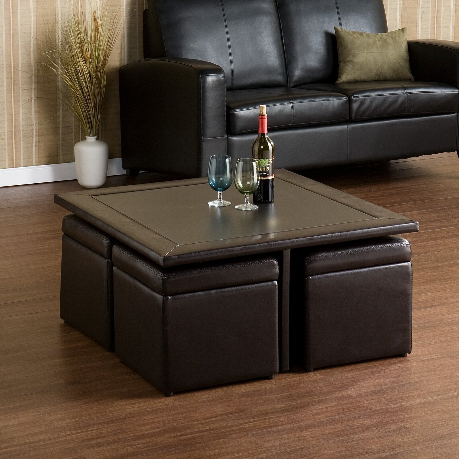 Coffee Table Set Leather Like Espresso Cube Ottomans Set