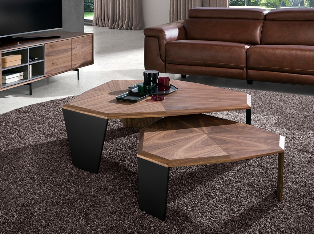 Coffee Table Set Nesting Hexagonal Tops Walnut Sunburst Wood Table