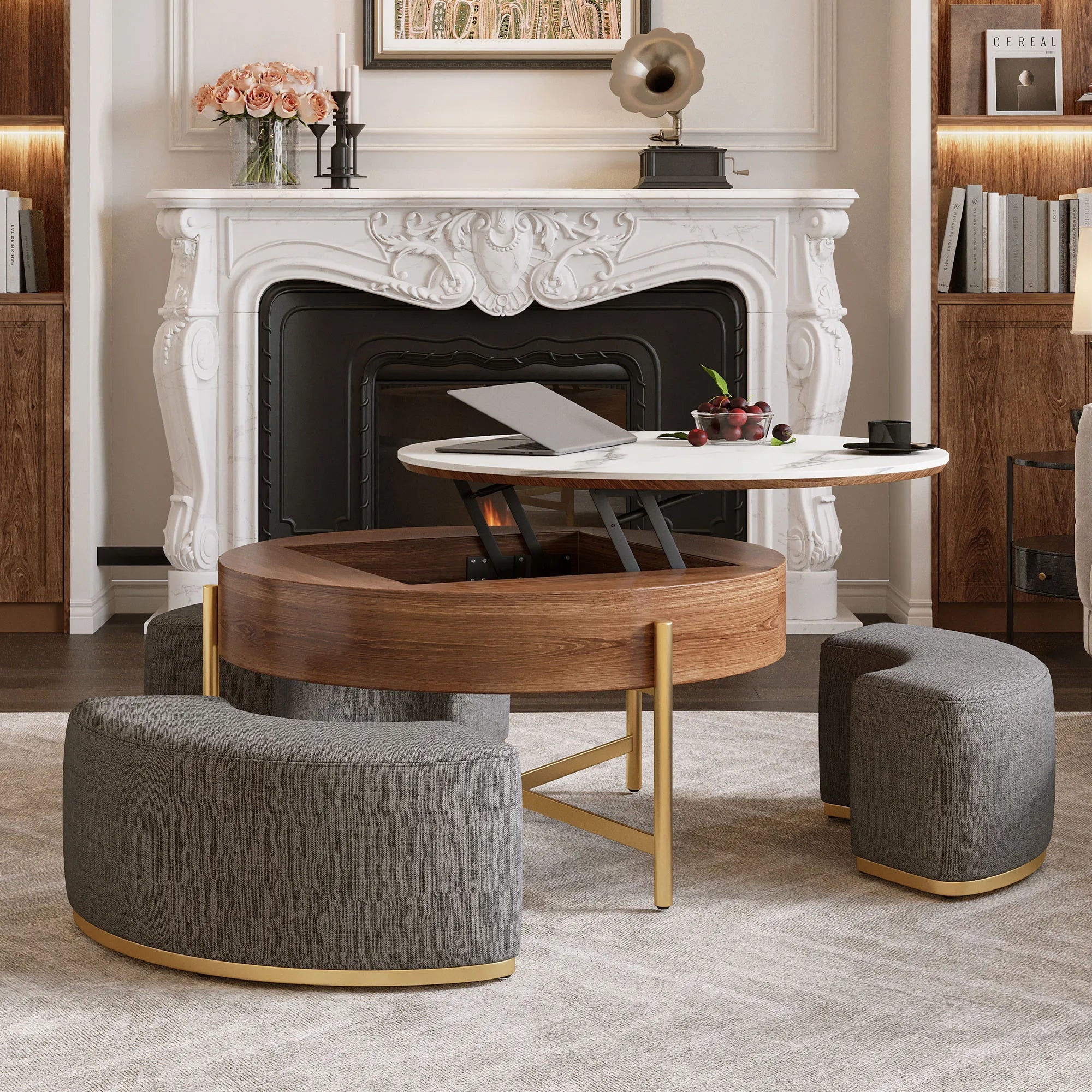 Coffee Table Set Stone Like Top Lift Top Gold Nesting Stools