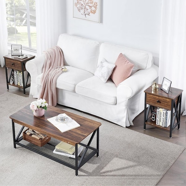 Coffee Table Set with X-Frame Sides and Mesh Shelf