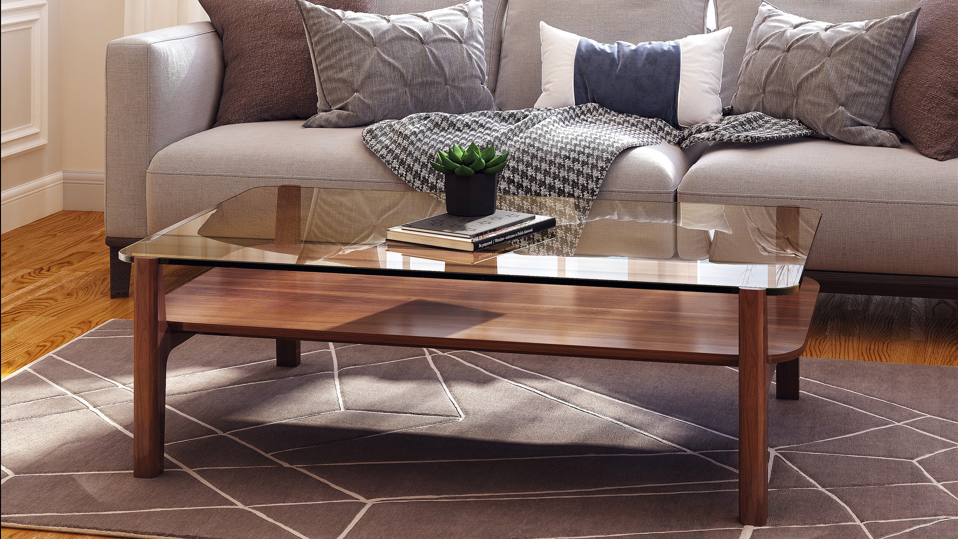 Coffee Table Smoked Glass Top and Two Tier Walnut Wood Table