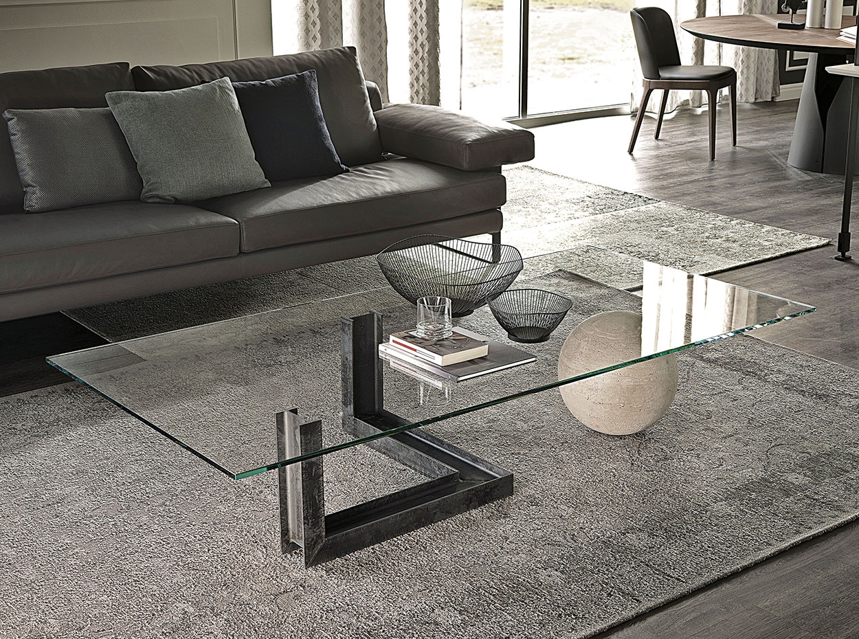 Coffee Table Spherical Stone Base and Asymmetrical Glass Table