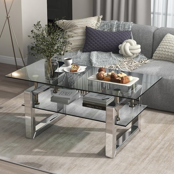 Coffee Table Two Tier Glass and Polished Silver Center Table