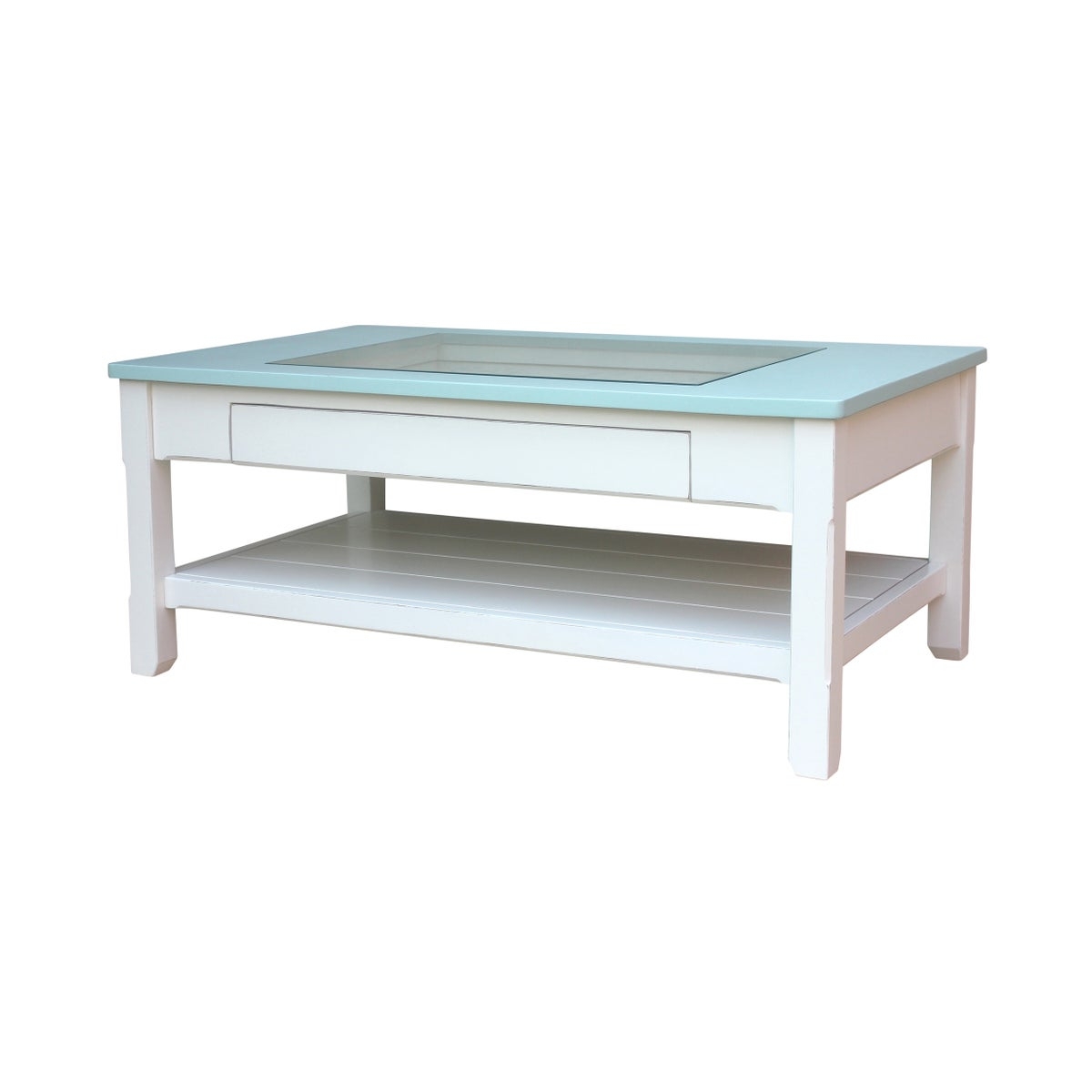 Coffee Table Two Tone Finish Planked Shelf Glass Display Top