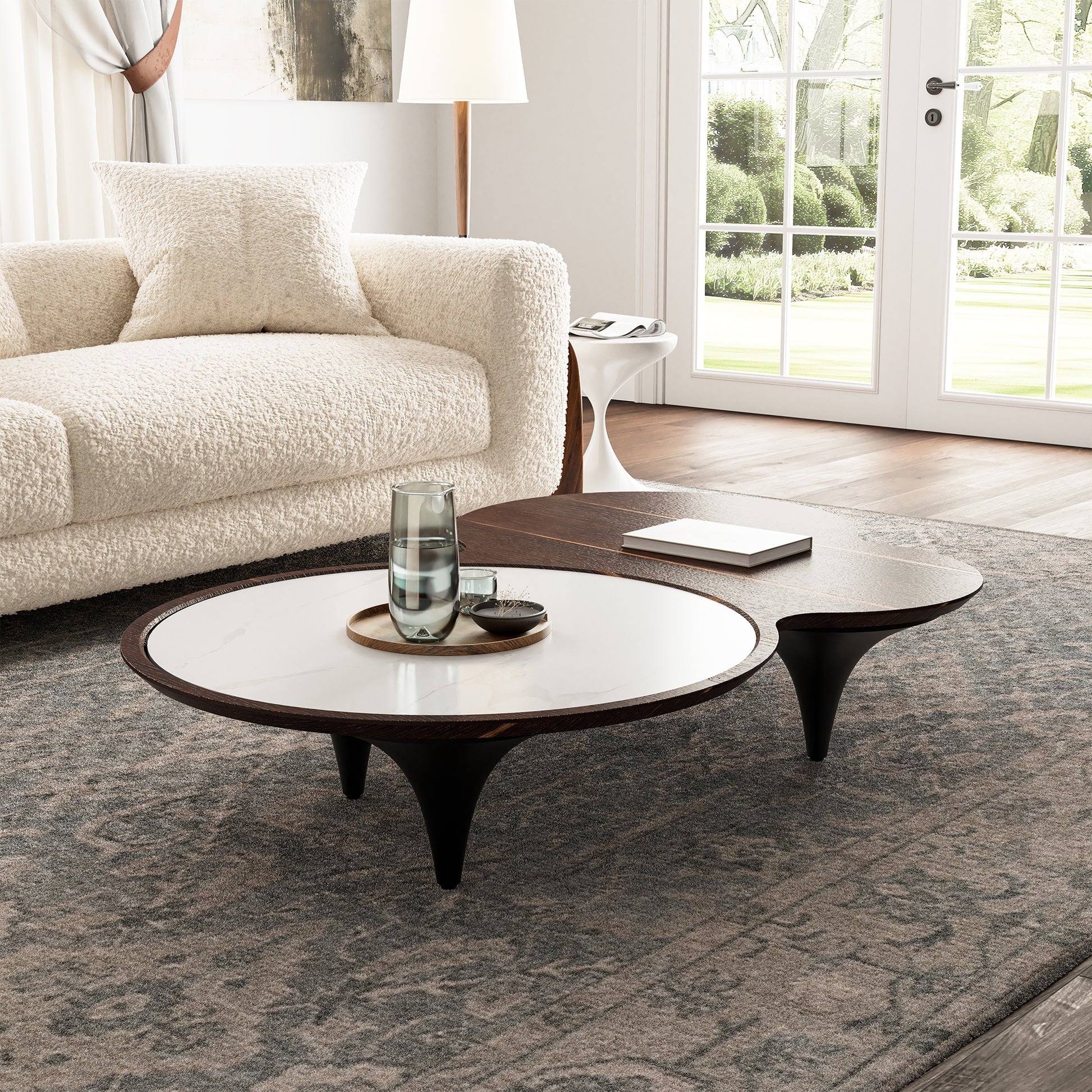 Coffee Table: Walnut Brown Bi-Level Surface Stone Like Inlay