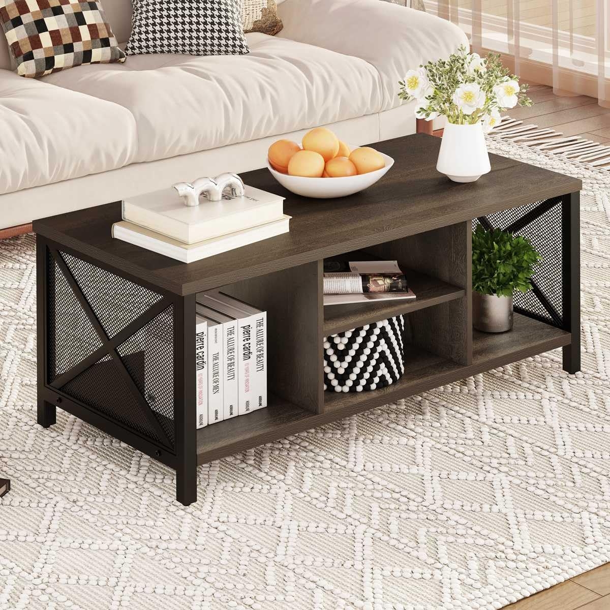 Coffee Table: Walnut Open Shelf Center Table With Metal Mesh