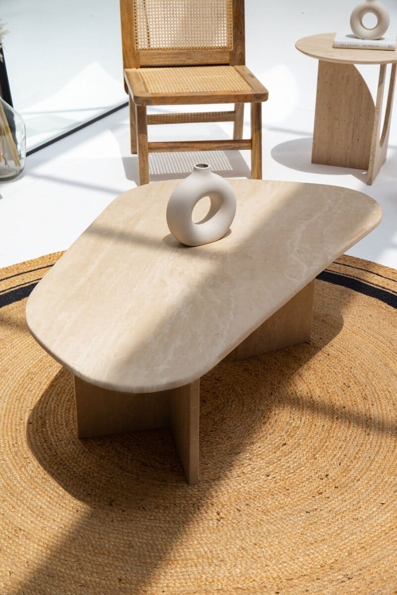Coffee Table: Warm Beige Travertine Slab Base Organic Modern Stone