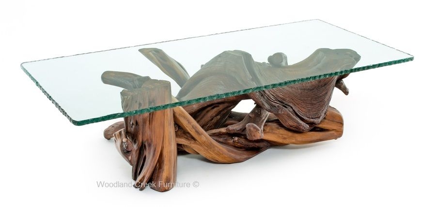 Coffee Table with Chiseled Glass Edge and Natural Wood Base