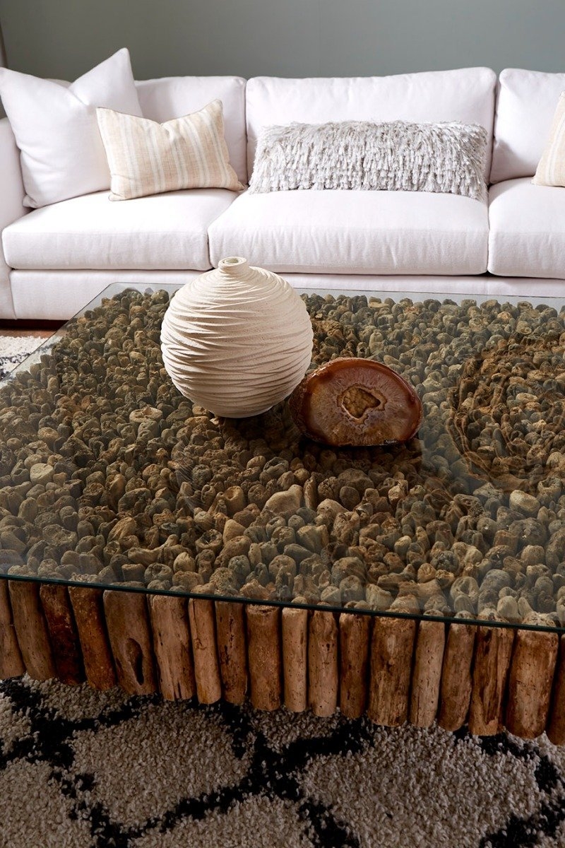 Coffee Table with Decorative Wood Fill and Vertical Log Base
