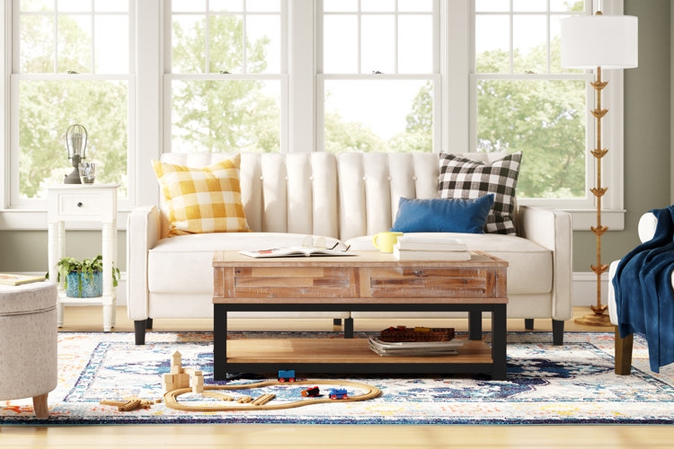 Coffee Table With Distressed Wood Top Channel Tufted White Sofa