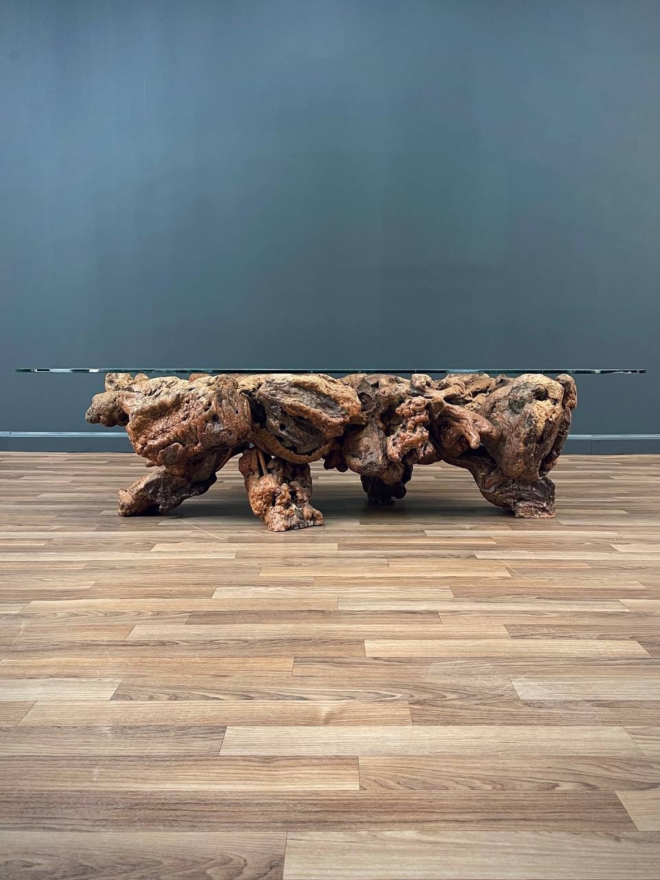 Coffee Table with Floating Glass Top and Gnarled Wood Base