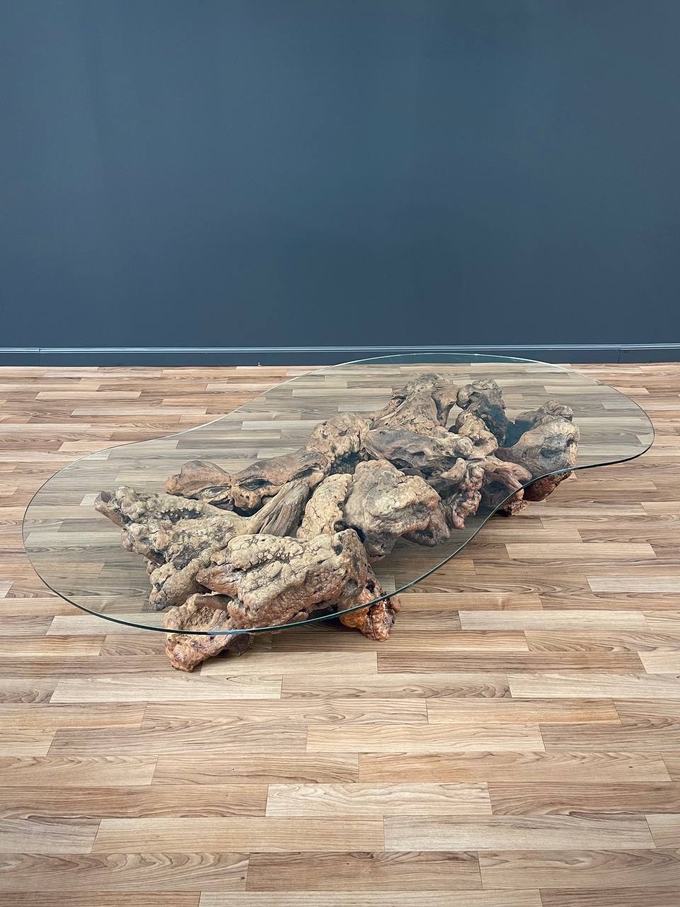 Coffee Table with Free Form Glass Top and Sculptural Wood
